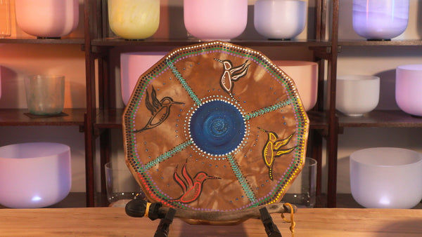 "Happiness" 17 inch Hummingbird Painted Indigenous Hand Drum: Sharing love and joy in all directions creating magical relationships.